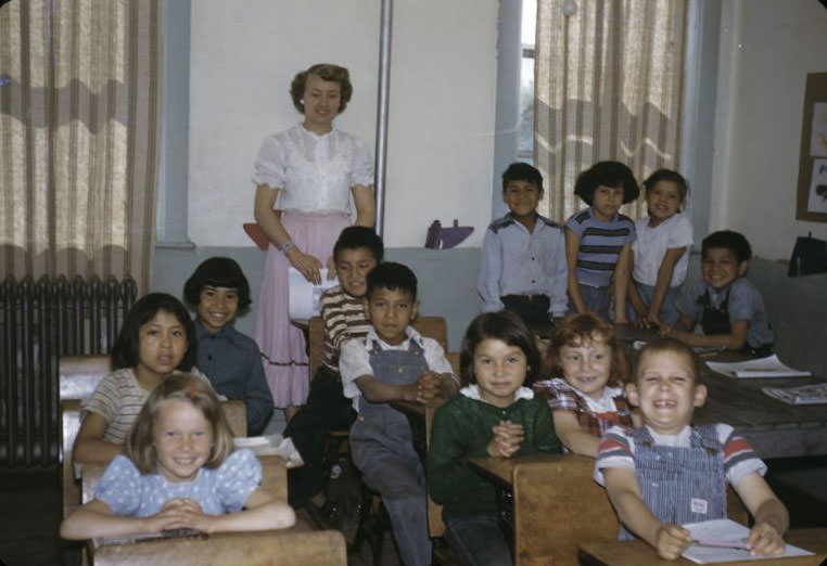 2nd graders in classroom with teacher Norma Garness, Bethany Indian Mission, Wittenberg, Wisconsin, 1953
