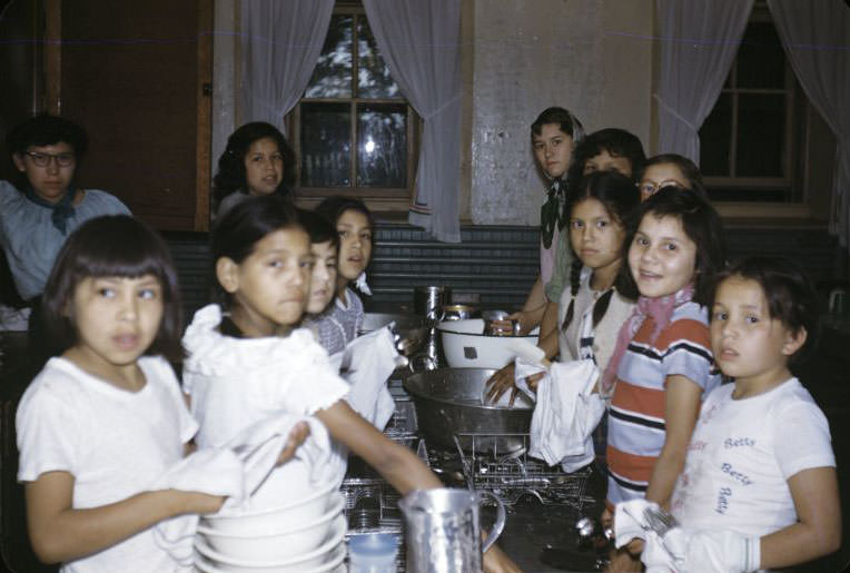 Children help with dishes, Bethany Indian Mission, Wittenberg, Wisconsin, 1953