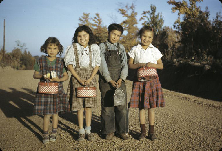 Children with lunch pails, Bethany Indian Mission, Wittenberg, Wisconsin, 1953