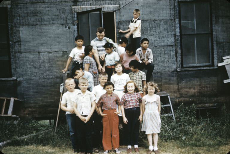 Fourth graders with Gordon Trelstad teacher, Bethany Indian Mission, Wittenberg, Wisconsin, 1953