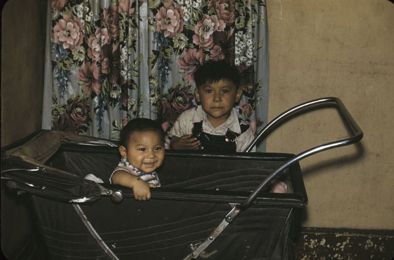 Kids with baby carriage, Bethany Indian Mission, Wittenberg, Wisconsin, 1953