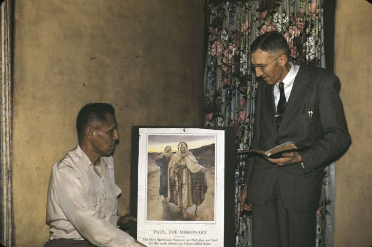Man and Rev Ernest GW Sihler with Paul the Missionary poster, Bethany Indian Mission, Wittenberg, Wisconsin, 1953