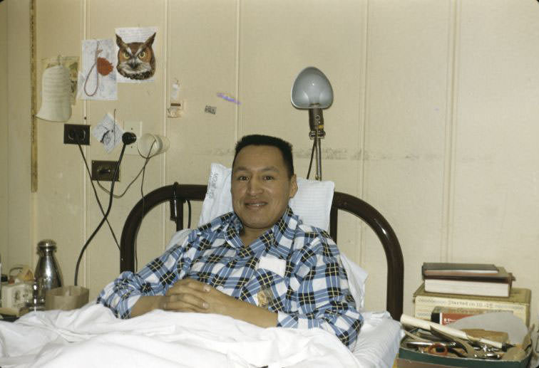 Man in hospital bed, Bethany Indian Mission, Wittenberg, Wisconsin, 1953