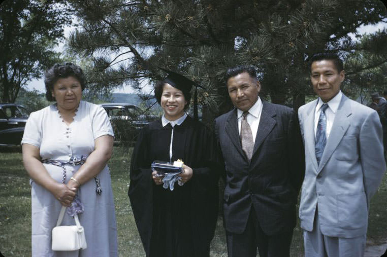 Angelina Hopinka, her stepparents and brother Chauncey, Bethany Indian Mission, Wittenberg, Wisconsin, 1953