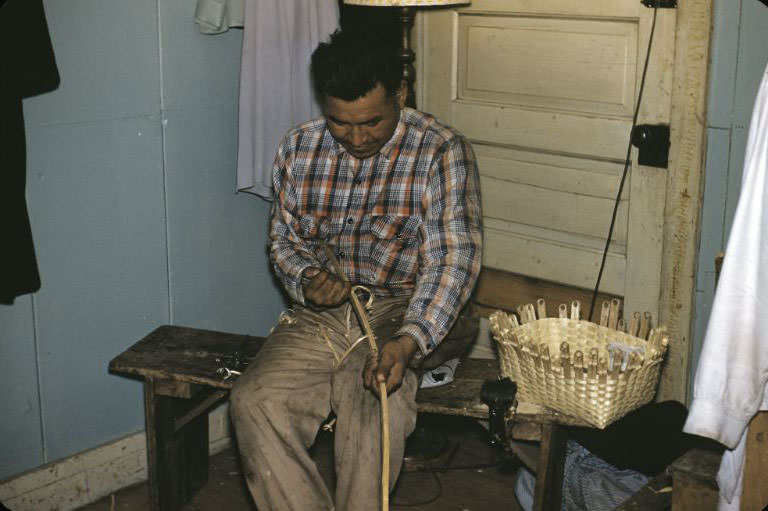 Weaving baskets, Bethany Indian Mission, Wittenberg, Wisconsin, 1953