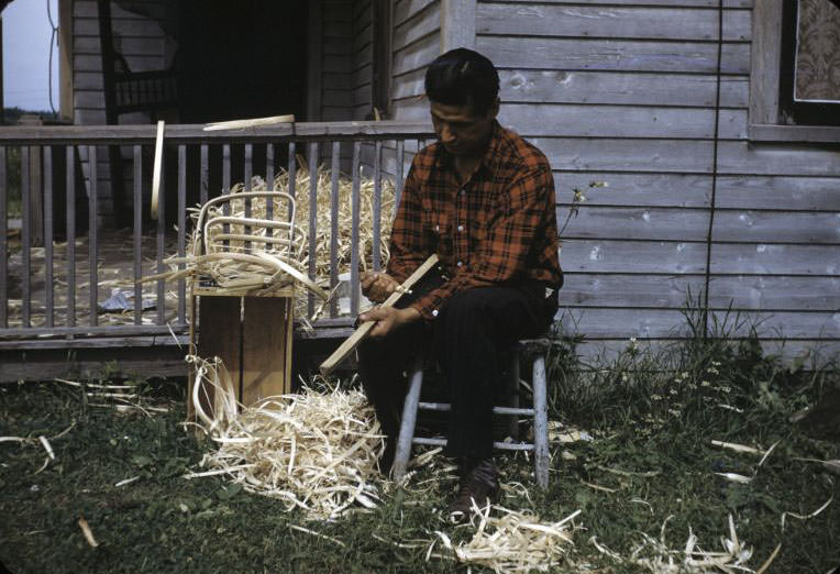 Carving wood, Bethany Indian Mission, Wittenberg, Wisconsin, 1953