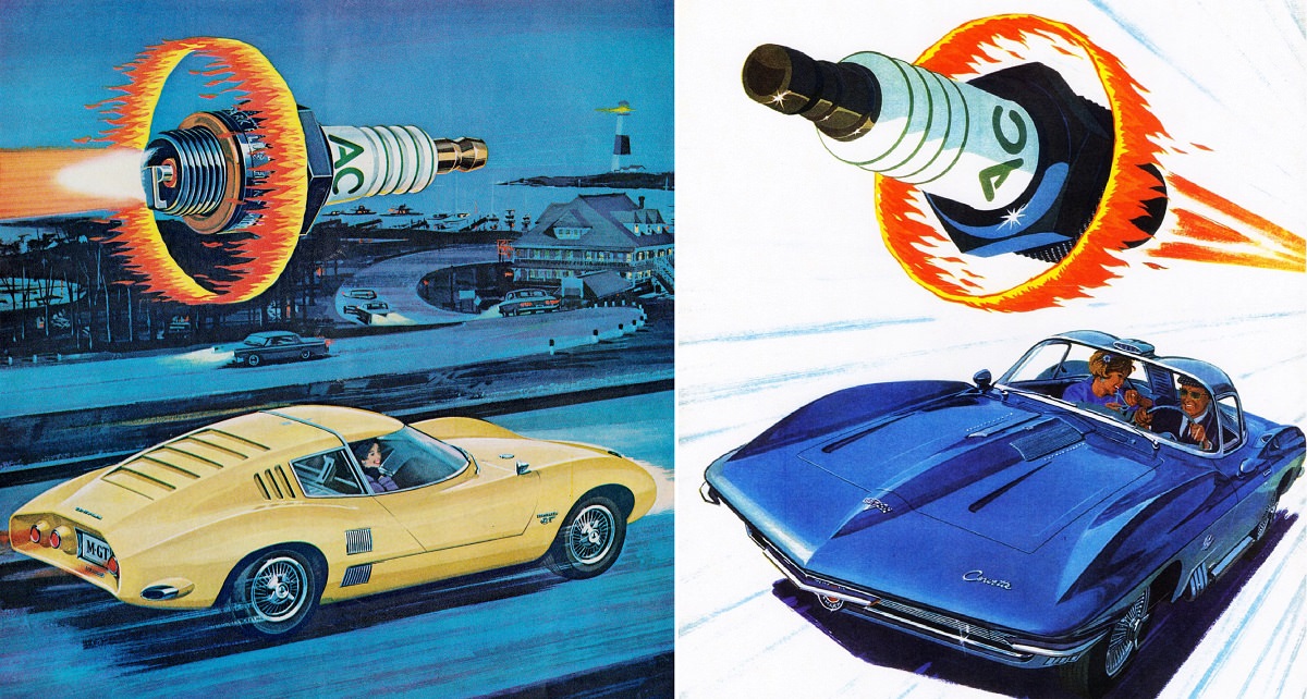 Vintage AC Spark Plugs ads from the 1950s and 1960s