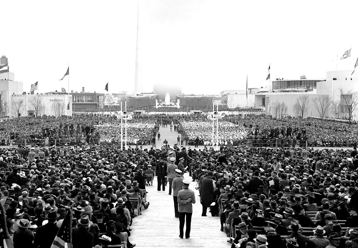 Some of the 35,000 guests of honor who listened to the opening speeches in the Court of Peace at the New York World's Fair, on April 30, 1939.