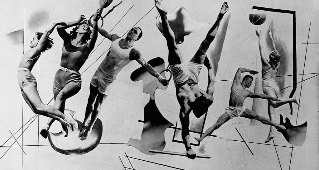 A sports collage photomural at the WPA Community and Health Building, part of the 1939 World's Fair in New York City.