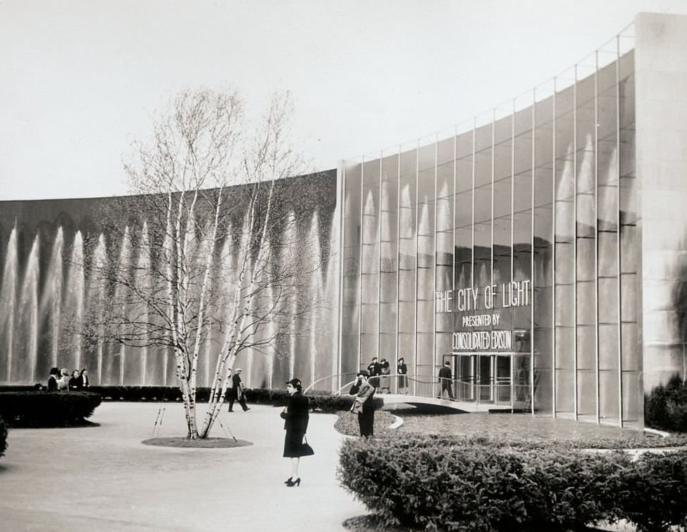The city of light, exhibition presented by Con Edison at the 1939 New york World's Fair. View of entrance and side of building.