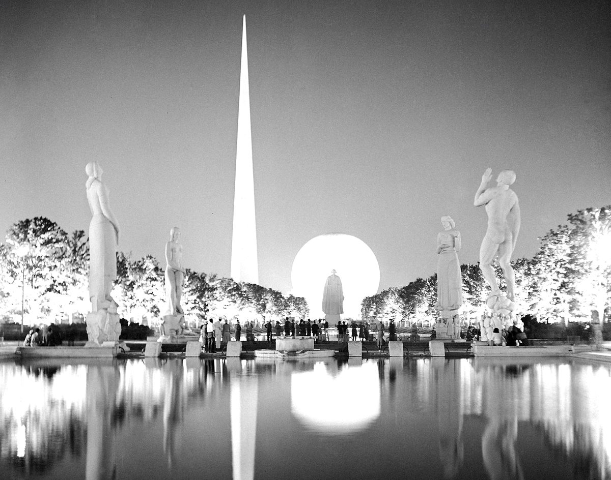 A view taken from the side of one of the many lagoons at the New York World's Fair on July 7, 1939.