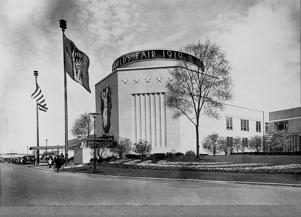 A road winds past one of the main buildings at the 1939 World's Fair in New York City.