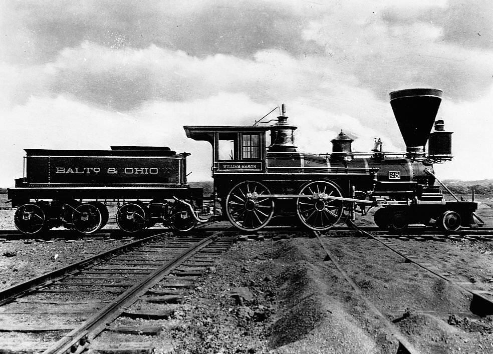 Side view of the Williiam Mason, a B & O locomotive and coal tender built in 1856. New York World's Fair, 1939.