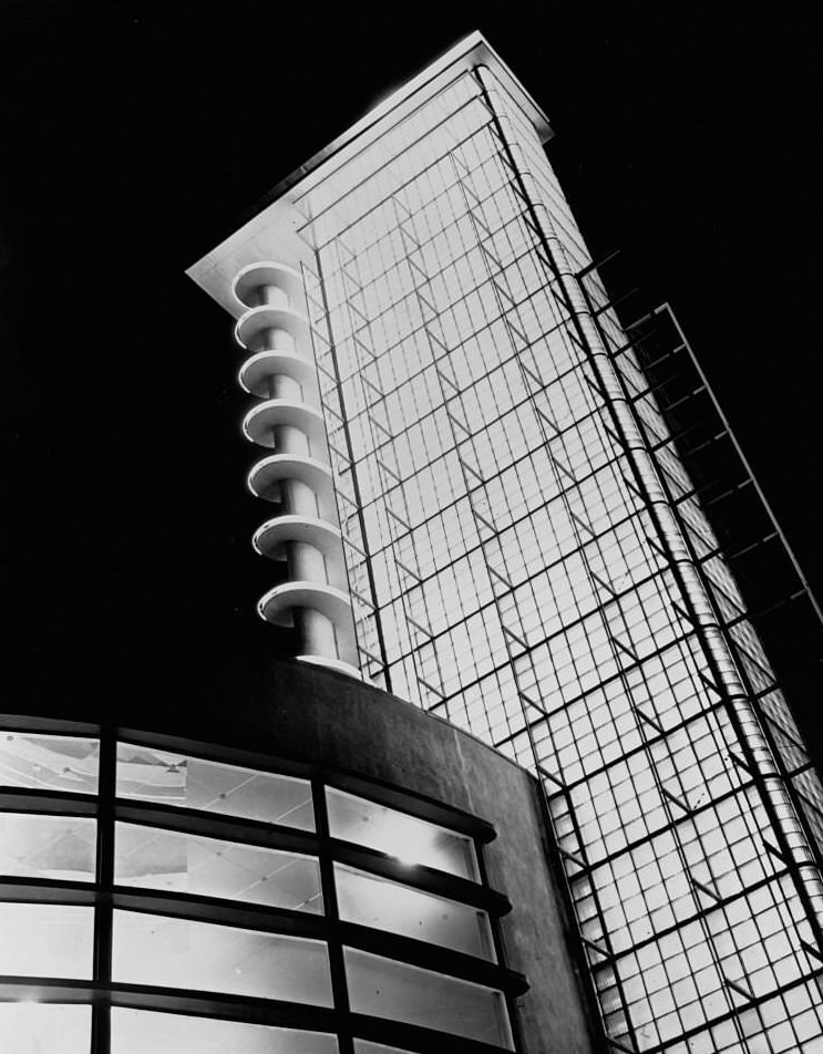 The tower of the Glass Center glows at night during lighting testing for the 1939 World's Fair in New York City.