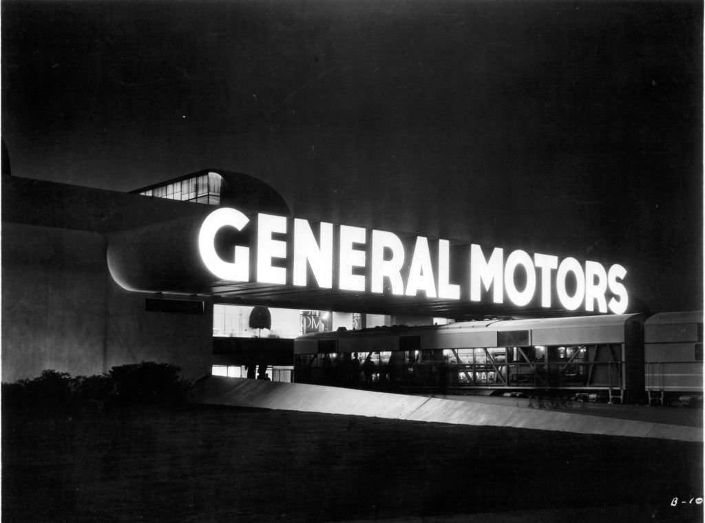 General Motors sign in lights at World's Fair in New York City, 1939.