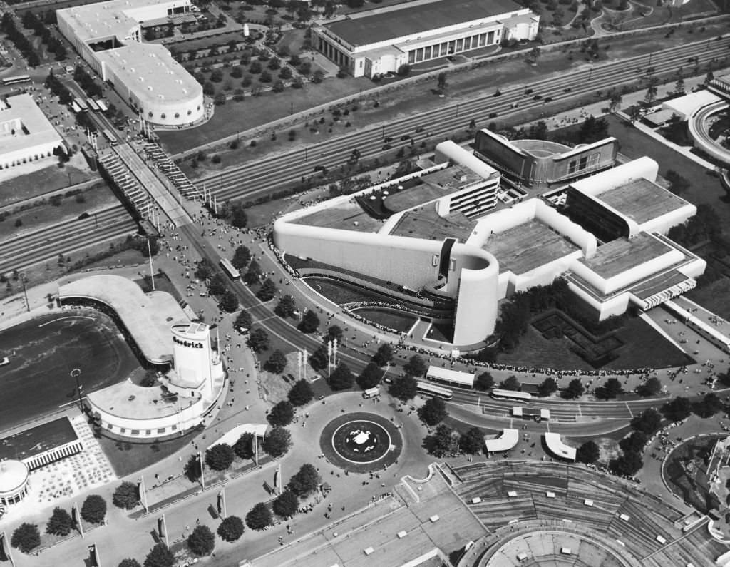 An aerial view of the Goodrich (left) and General Motors (right) pavillions at the 1939 New York World's Fair, Flushing Meadows, New York.