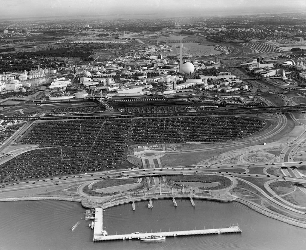 Aerial view of the grounds, and parking lot, of the World's Fair, Flushing Meadow Park, Queens, 1939