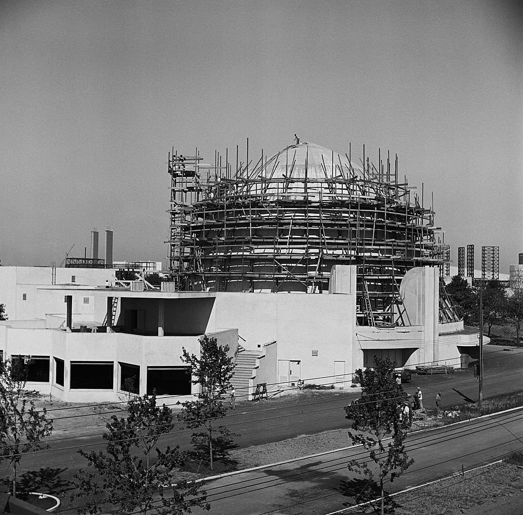 An unidentified building under construction in the summer of 1938 at the site of the 1939 New York World's Fair in Flushing Meadows, Queens in New York City.