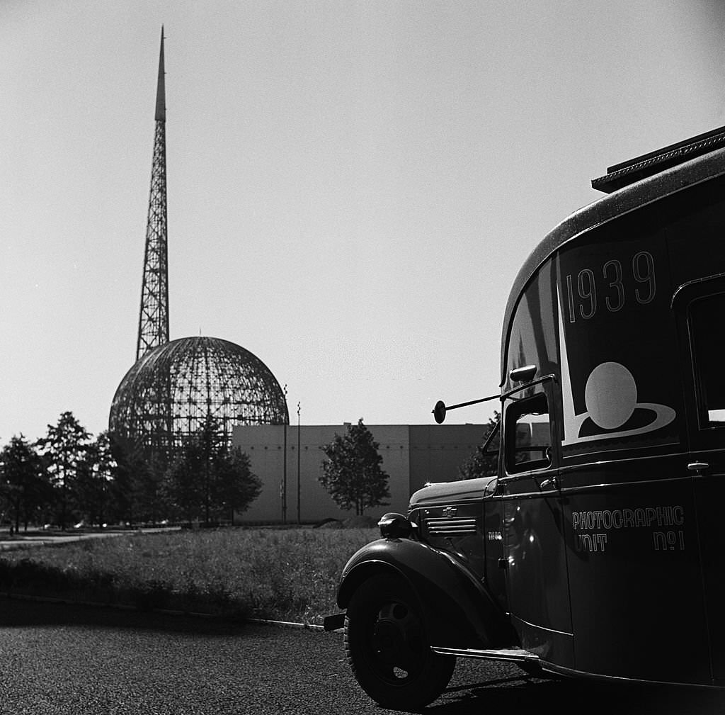 The Trylon and Perisphere under construction in the summer of 1938 at the site of the 1939 New York World's Fair in Flushing Meadows, Queens in New York City.