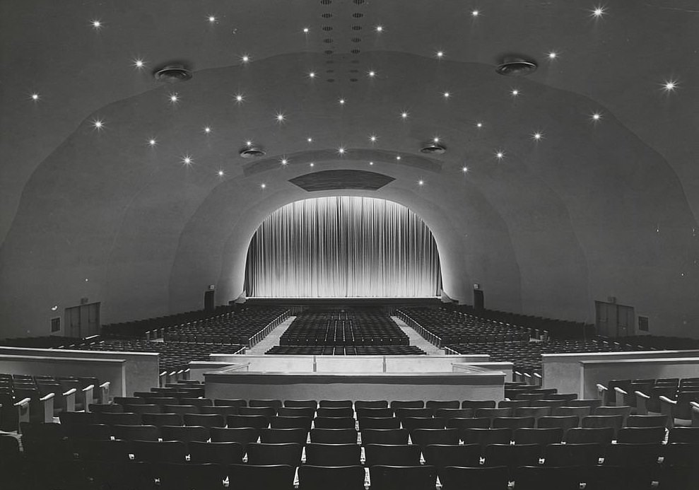 View of the interior of an empty concert hall with a domed ceiling. New York World's Fair, 1939