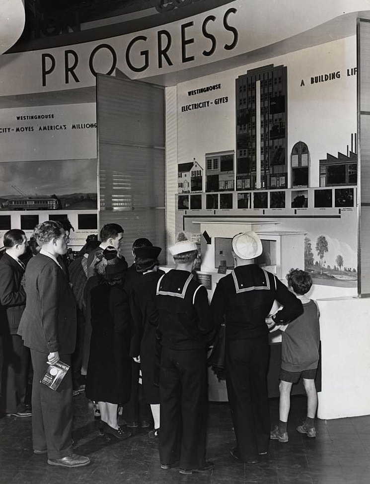 Electrical appliances in the home of tomorrow-power that runs elevators , provides light, heats, ventilates and dusts buildings, are displayed in Westinghouse's Hall of power.