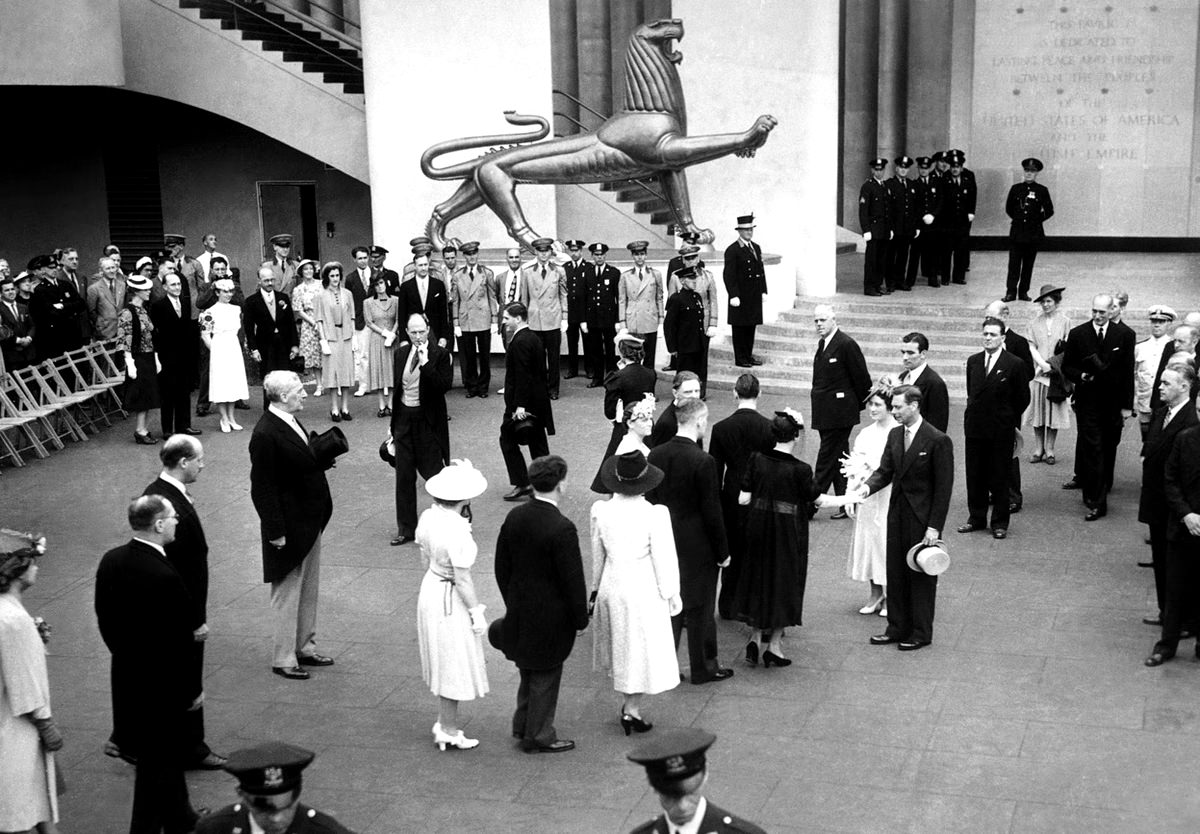 Presentations are made to Britain's King George VI and Queen Elizabeth in the British Pavilion, during their visit to the fair in New York, on June 19, 1939.