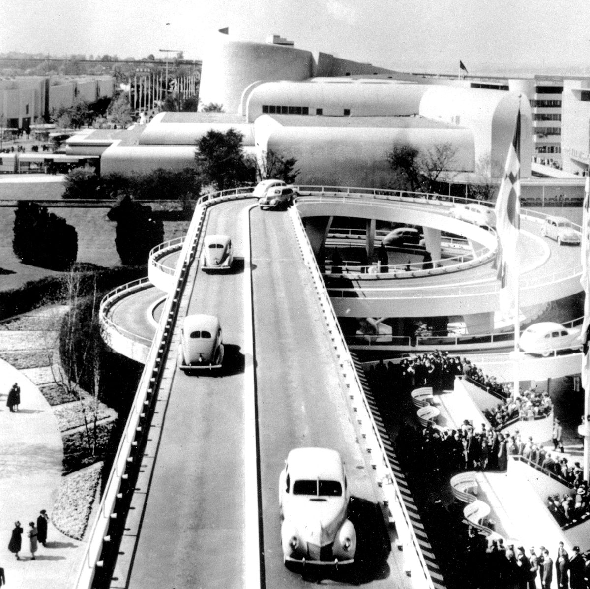 "The Road of Tomorrow," an elevated highway of cork and rubber composition, at the Ford Exhibit at New York's World Fair in 1939.