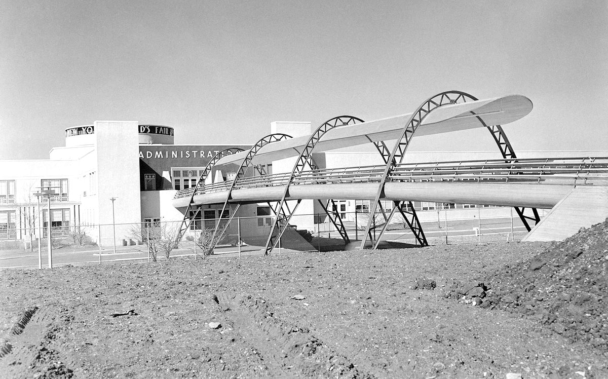 During construction, a bridge leads from the administration building to the exhibit area of the New York World's Fair, on February 21, 1938.