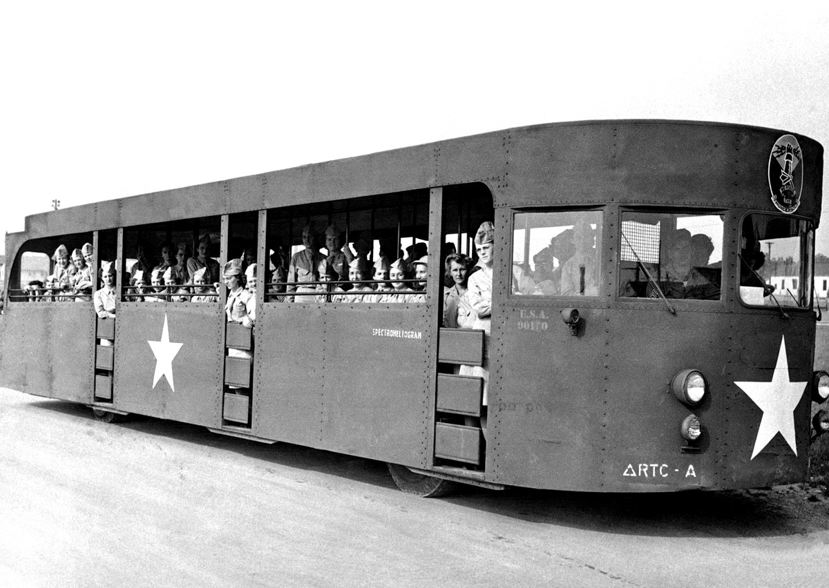 Formerly a New York World's fair excursion bus, the "Spectroheliogram," was converted after the fair closed to be used to shuttle WAACs to and from work at the armored force replacement training center, July 26, 1949 in Fort Knox, Kentucky