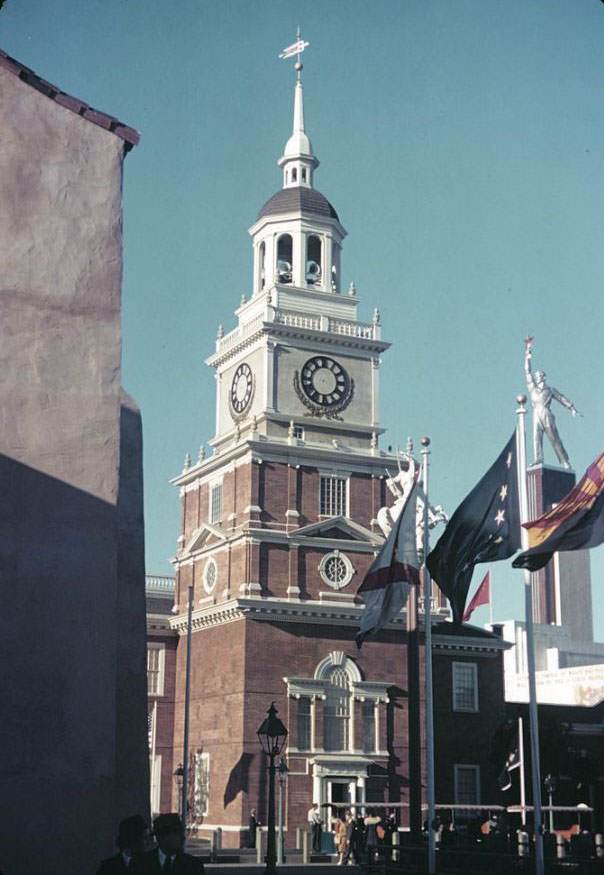 The Pennsylvania Building along the Court of States with tower of the USSR (Soviet) Pavilion above, 1939 New York World's Fair