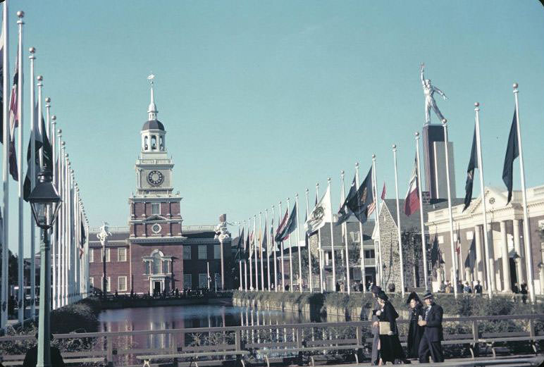 The Pennsylvania Building along the Court of States with tower of the USSR (Soviet) Pavilion above, 1939 New York World's Fair