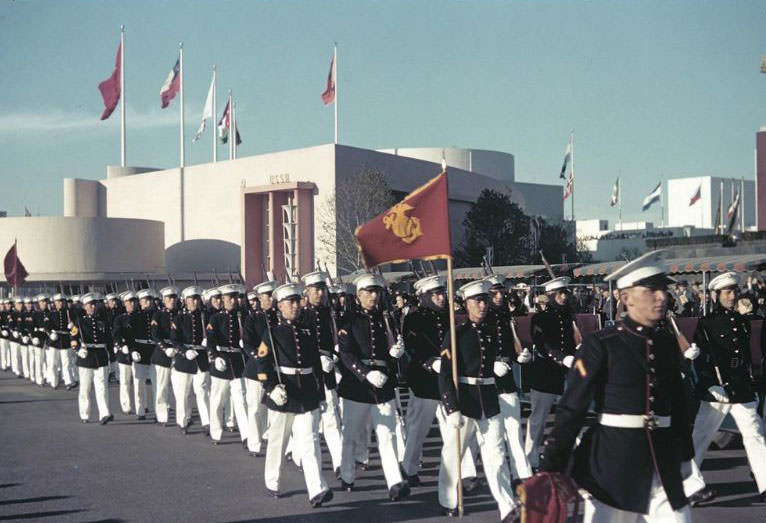 U.S. Marine Corps marching in front of the USSR (Soviet) Pavilion, 1939 New York World's Fair