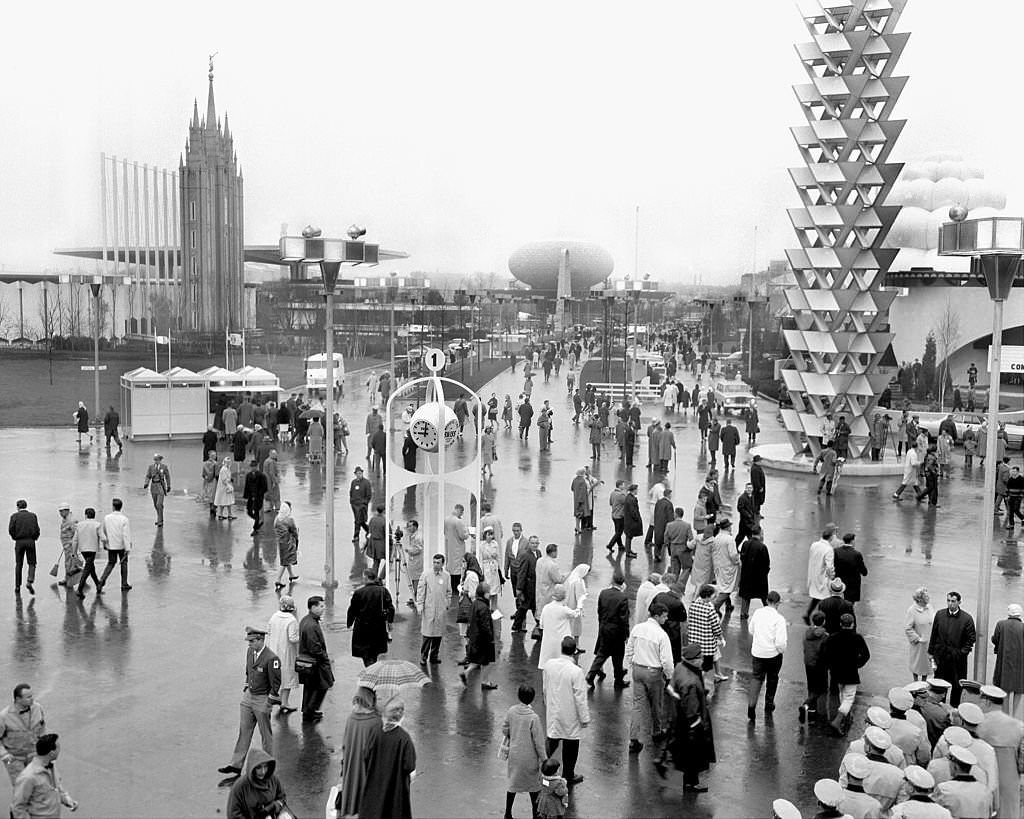 Crowds make their way to various pavilions on opening day of the 1964-65 New York World's Fair, which was built on the site of the 1939 World's Fair at Flushing Meadow in Queens.