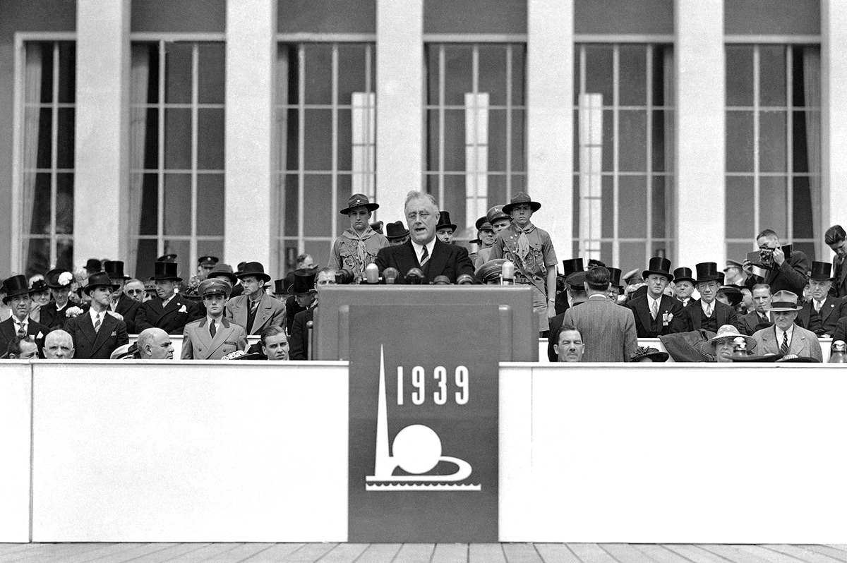 Flanked by Boy Scouts, President Franklin D. Roosevelt opened New York's $160,000,000 World's Fair with an address in which he said America has "hitched her wagon to a star of good will", on April 30, 1939.