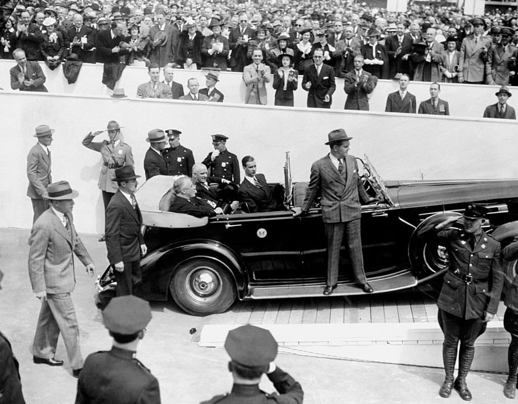 President Franklin D. Roosevelt arriving at the 1939 World's Fair with his son John and the U.S. Commissioner to the Fair, Edward J. Flynn.