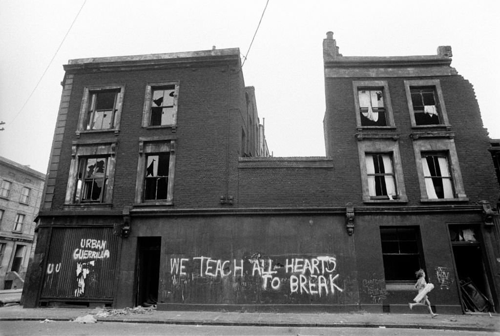 The exterior of slum housing in the notorious Gorbals district of Glasgow, 1969.