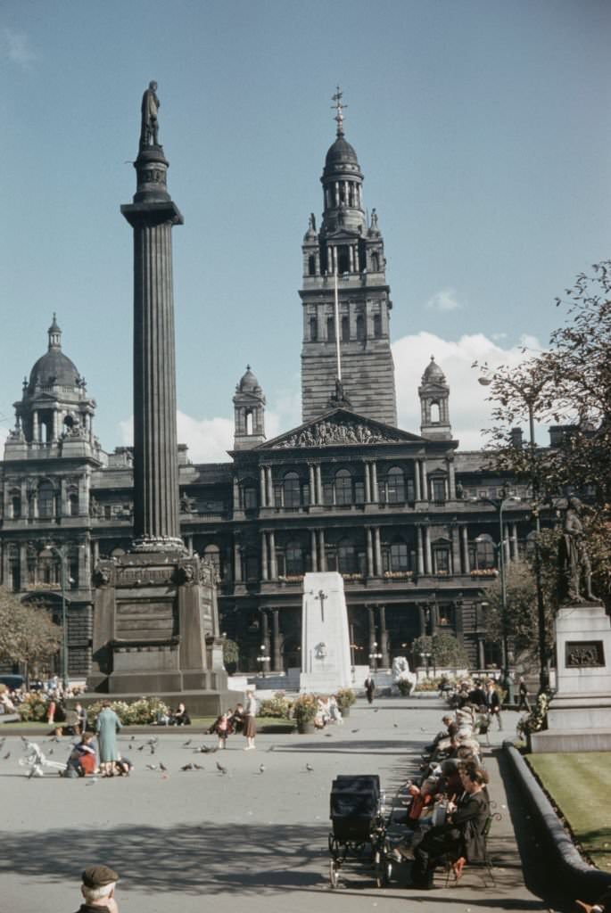 The Scott Monument, Cenotaph and Glasgow City Chambers on the eastern side of George Square in Glasgow, 1965.