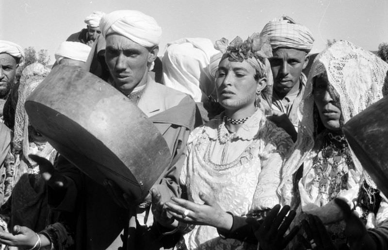 Berber musicians playing instruments in Atlas Mountains, 1960s