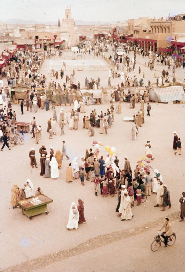 Bird's-eye view of Jamaa el-Fna square, Marrakech marketplace, 1960s