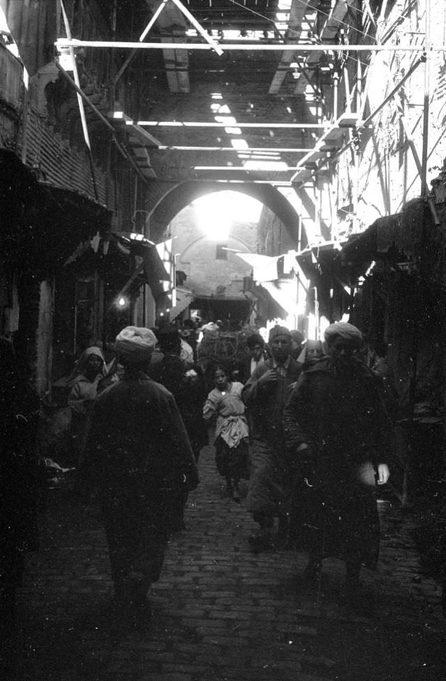 Arched walkway through souk in Rabat, 1960s