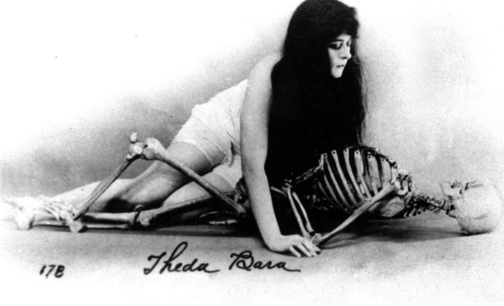 Theda Bara Posing with Skeleton for the Silent Film 'A Fool There Was (1915)