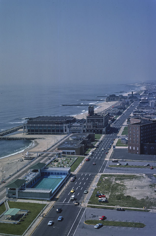 Overall above view of buildings and beach, Asbury Park, New Jersey, 1978