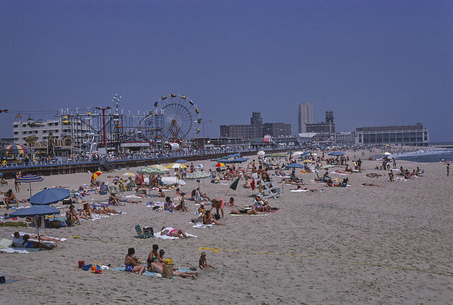 Beach, boardwalk overall, Asbury Park, New Jersey, 1978
