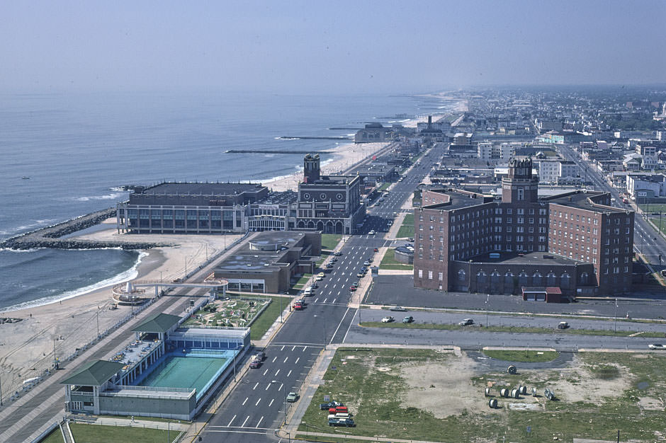 Overall above view of buildings and beach, Asbury Park, New Jersey, 1978