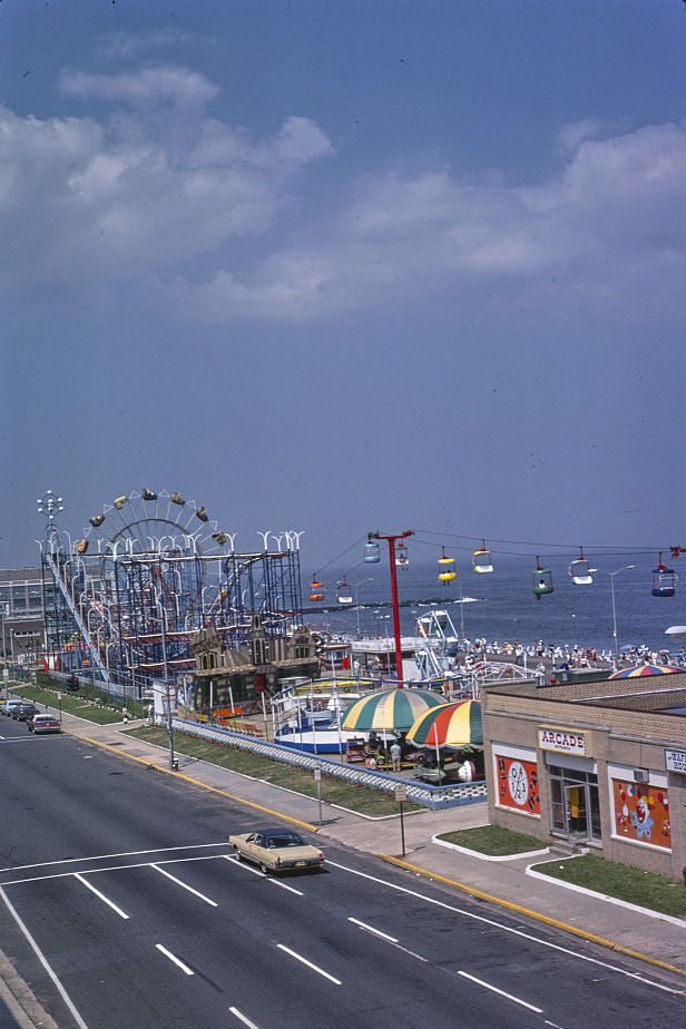 Beach, boardwalk, and rides, Asbury Park, New Jersey, 1978