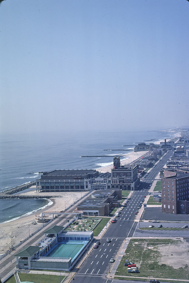 Overall above view of buildings and beach, Asbury Park, New Jersey, 1978