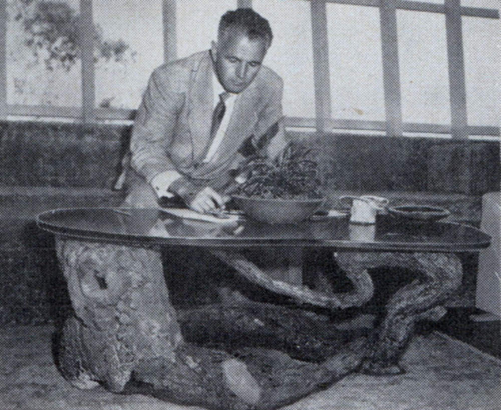 Tree trunks and limbs are used for furniture, here support the glass top of table which Hayes is using.