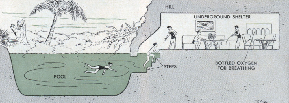 Cutaway shows approach to underground sanctuary via swimming pool.