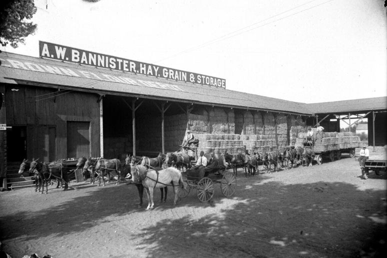 Exterior view of the A. W. Bannister hay, grain and storage buildingm 1900