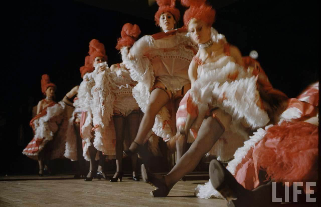 Performance and Backstage Life of Can Can Dancers at the Moulin Rouge in the 1950s